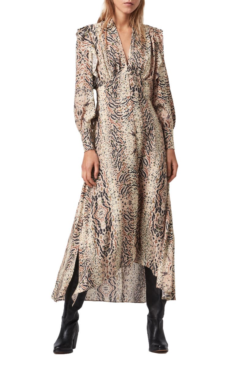 AllSaints Lia Arietta Mixed Print Long Sleeve Cotton Blend Shirtdress, Main, color, 