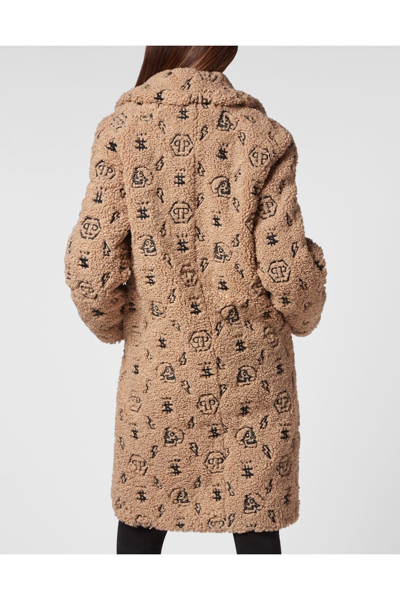 Eco Fur Coat Embroidery Monogram Women, Alternate, color, beige