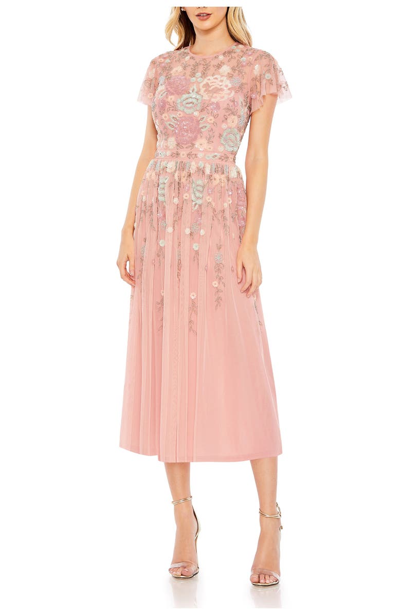 Mac Duggal Embellished Illusion High Neck Butterfly Sleeve Midi Dress, Main, color, Dusty Rose