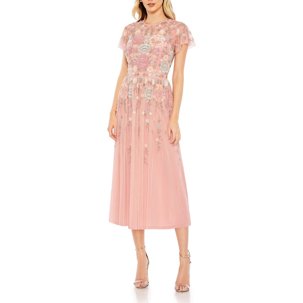 Mac Duggal Embellished Illusion High Neck Butterfly Sleeve Midi Dress In Dusty Rose