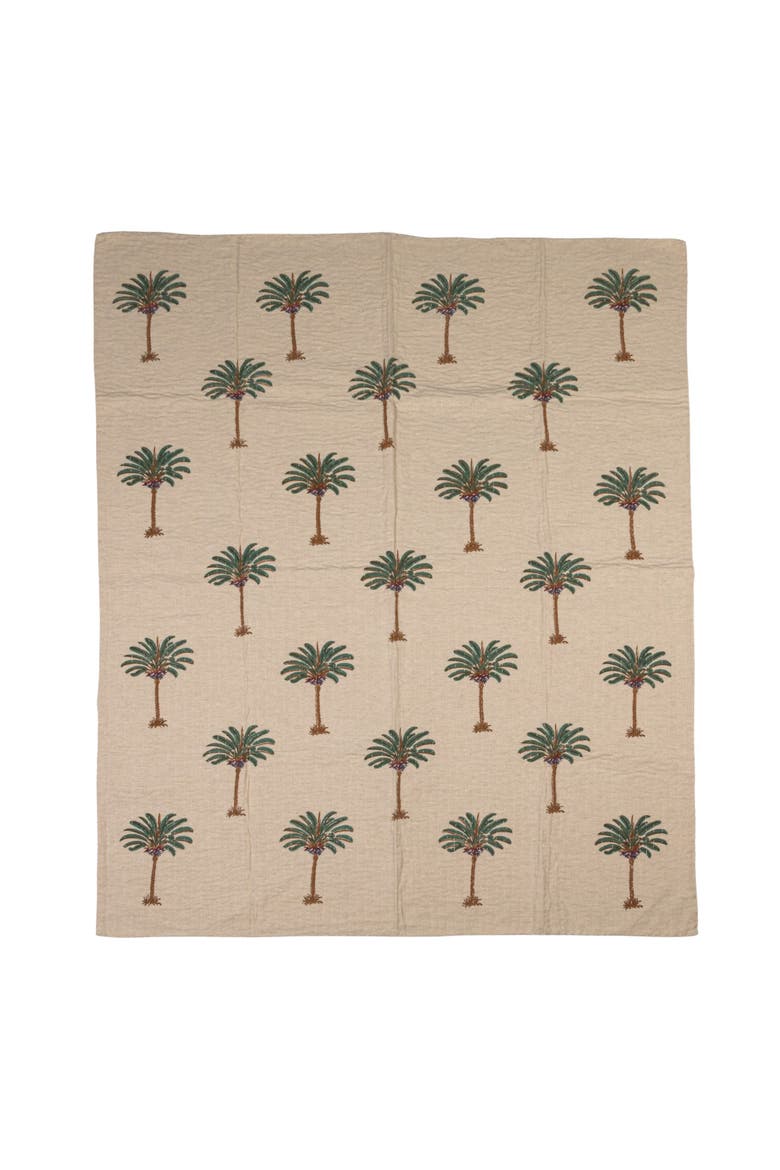 Cotton Linen Blend Block Printed Throw with Palm Trees and Kantha Stitch, Natural, Green and Brown, Alternate, color, Natural
