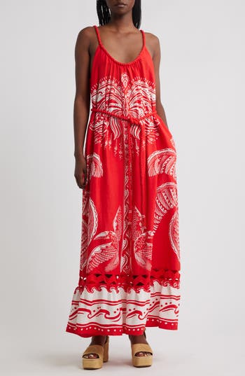 Farm Rio Majestic Coconut Tree Linen Blend Midi Dress In Red