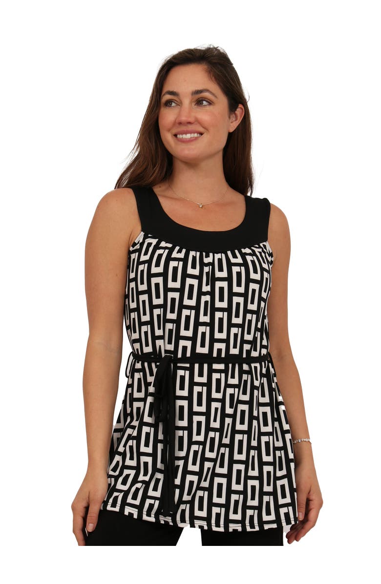 24seven Comfort Apparel Womens Essential Geometric Print Scoop Neck Sleeveless Waist Tie Top, Main, color, Black Multi