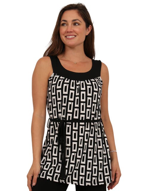 Womens Essential Geometric Print Scoop Neck Sleeveless Waist Tie Top