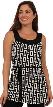 24seven Comfort Apparel Womens Essential Geometric Print Scoop Neck Sleeveless Waist Tie Top