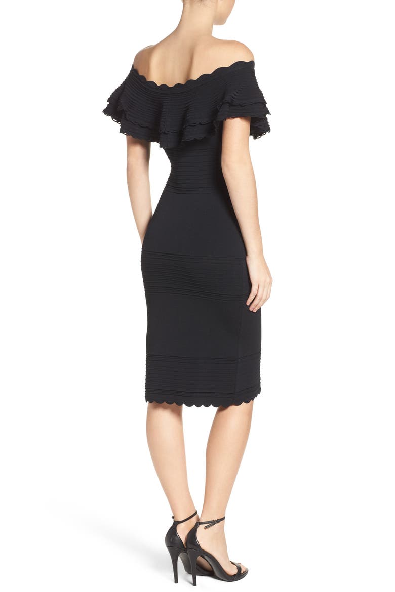 Off the Shoulder Ruffle Sheath Dress, Alternate, color, BLACK