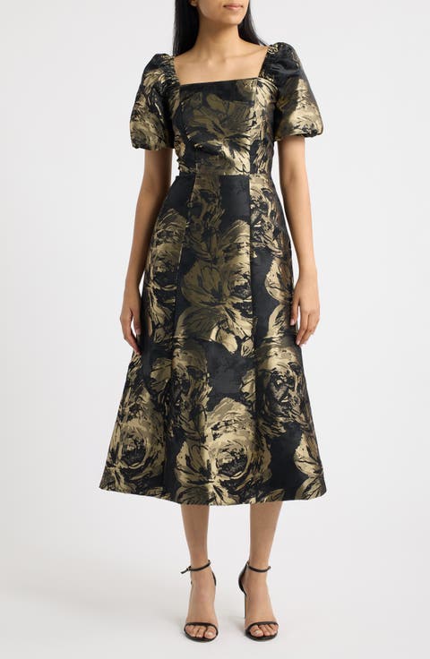 Square Neck Puff Sleeve Midi Dress