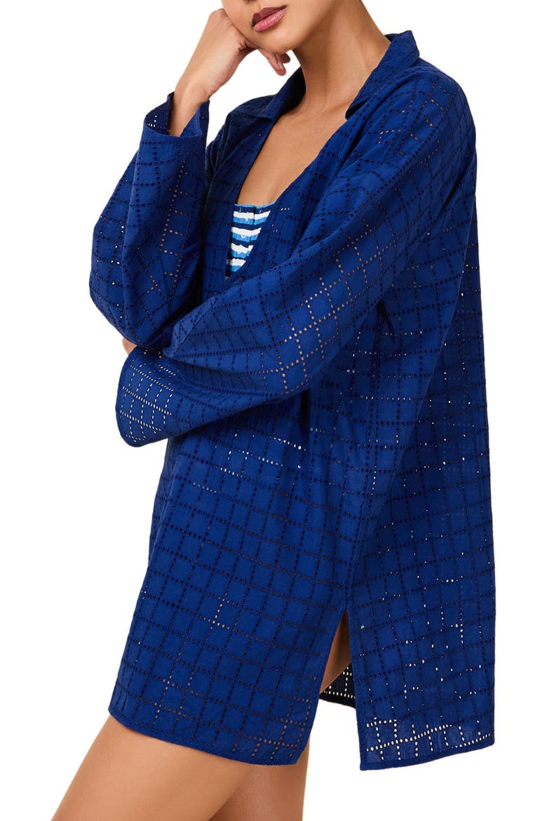 The Alba Embroidered Eyelet Long Sleeve Cotton Cover-Up Tunic, Alternate, color, MARITIME NAVY