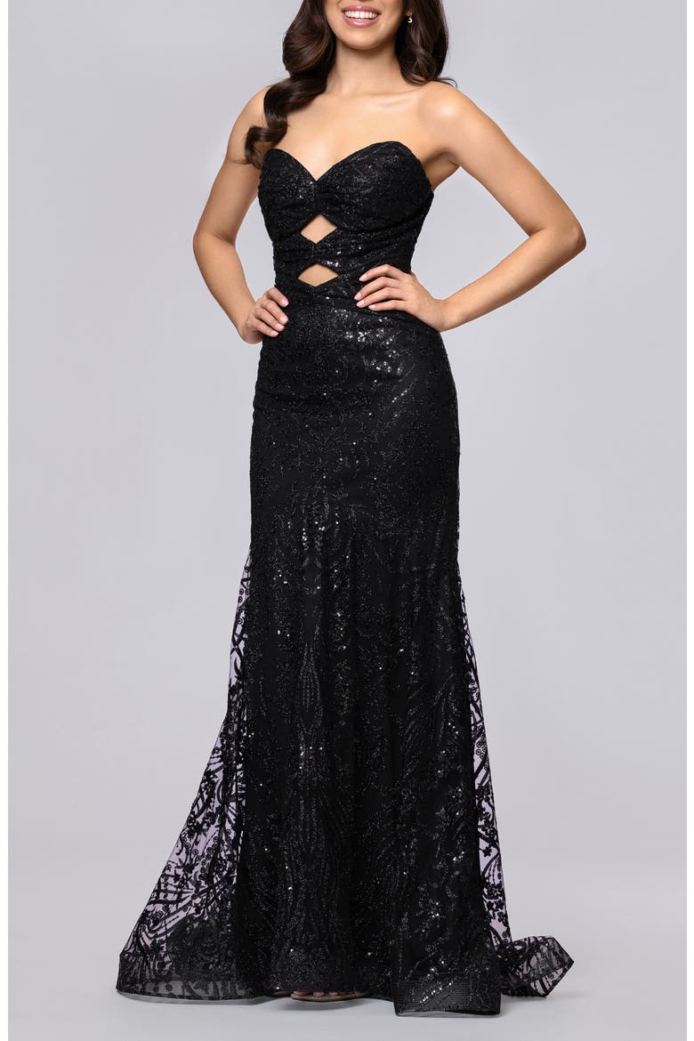 Strapless Glitter Cutout Gown, Alternate, color, BLACK