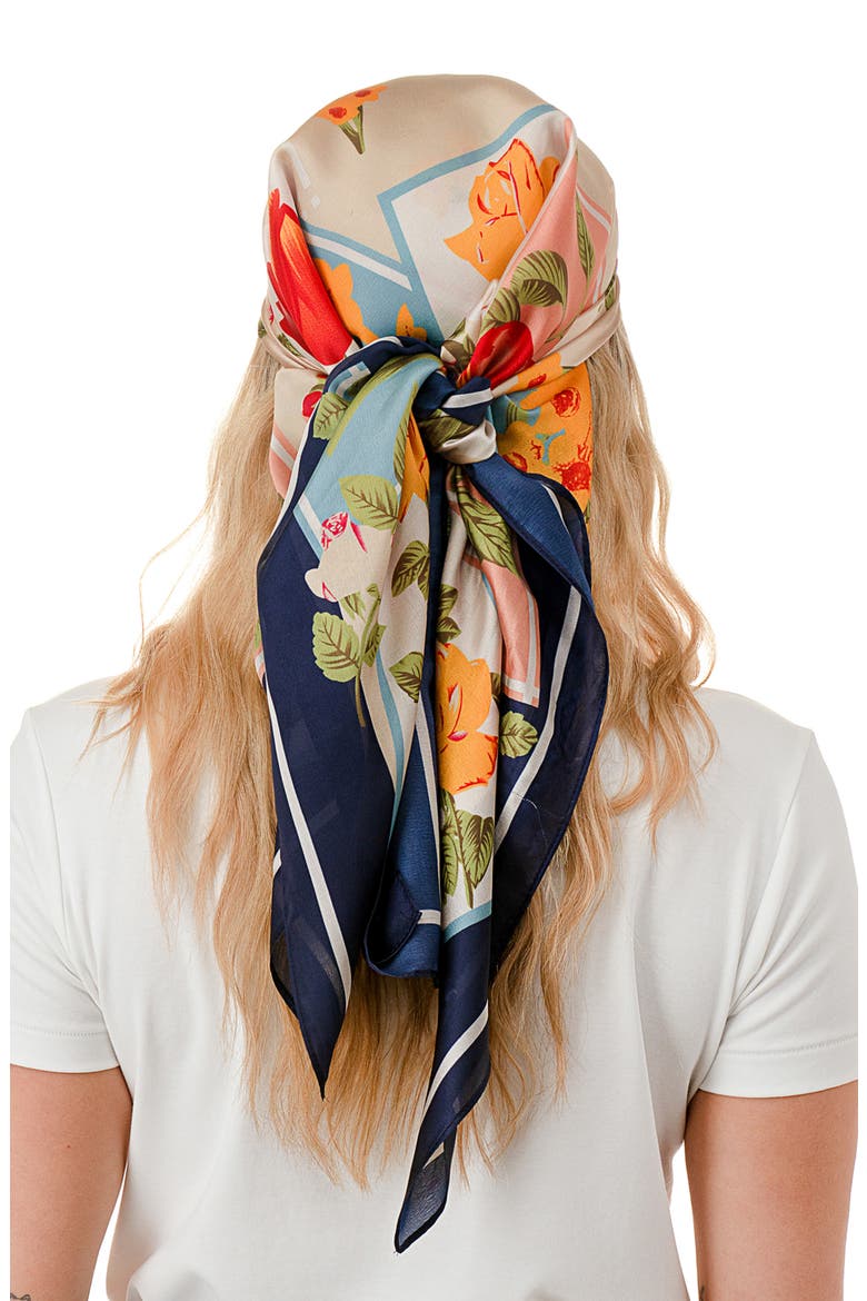 Floral Satin Square Scarf, Alternate, color, NAVY