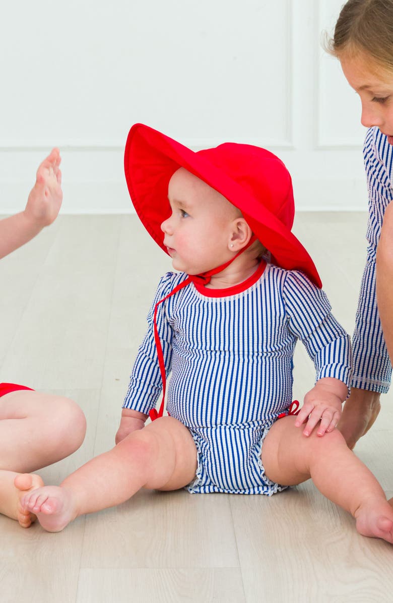 RuffleButts Seersucker One-Piece Rashguard Swimsuit & Sun Hat Set, Alternate, color, Blue