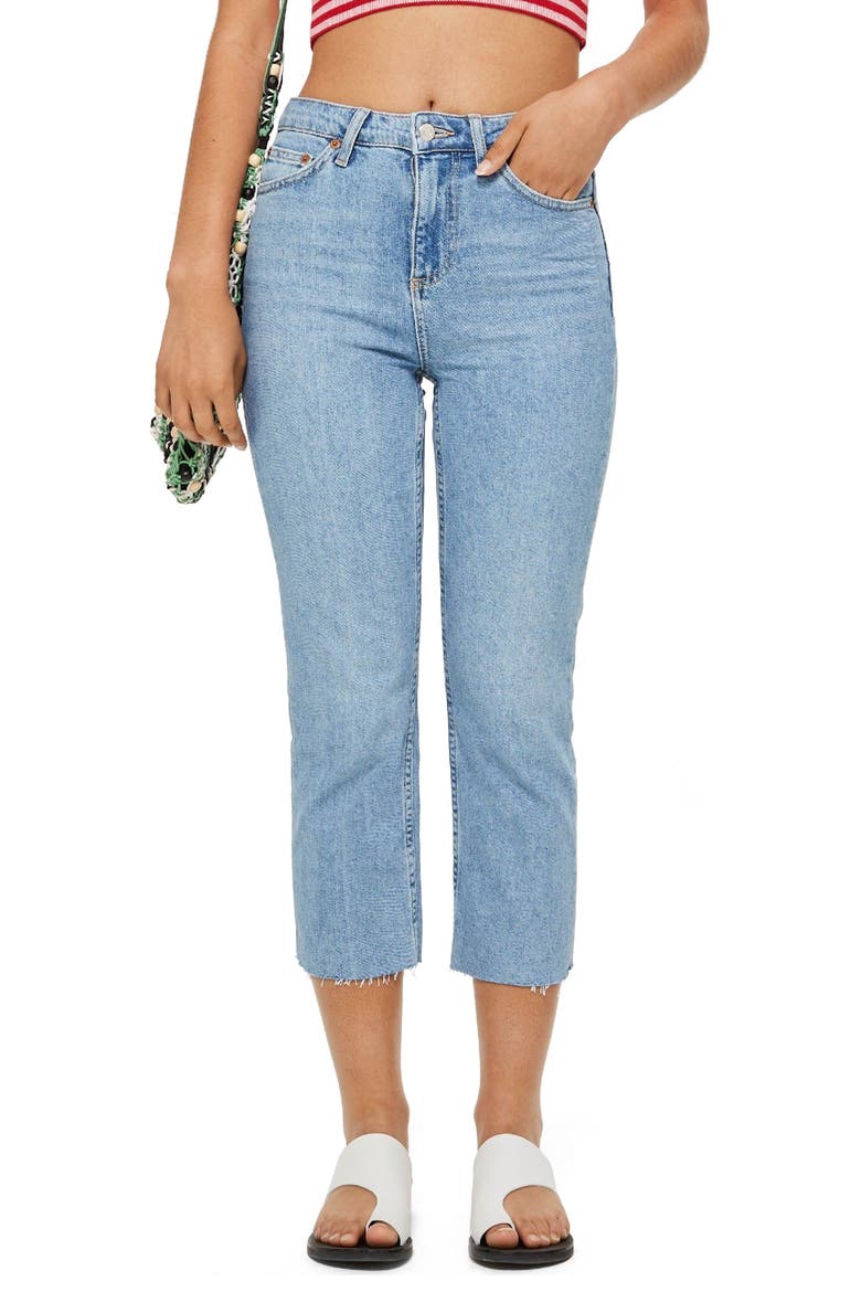 High Waist Raw Hem Straight Leg Jeans, Main, color, BLEACH STONE DENIM