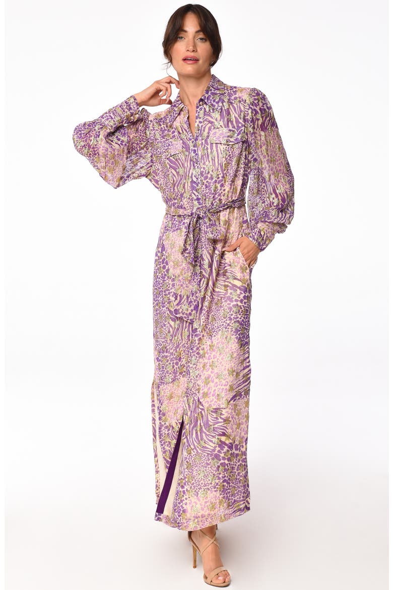 Beverly Metallic Tie Waist Long Sleeve Maxi Shirtdress, Alternate, color, PURPLE