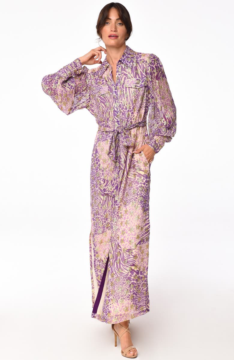 CIEBON Beverly Metallic Tie Waist Long Sleeve Maxi Shirtdress, Alternate, color, 