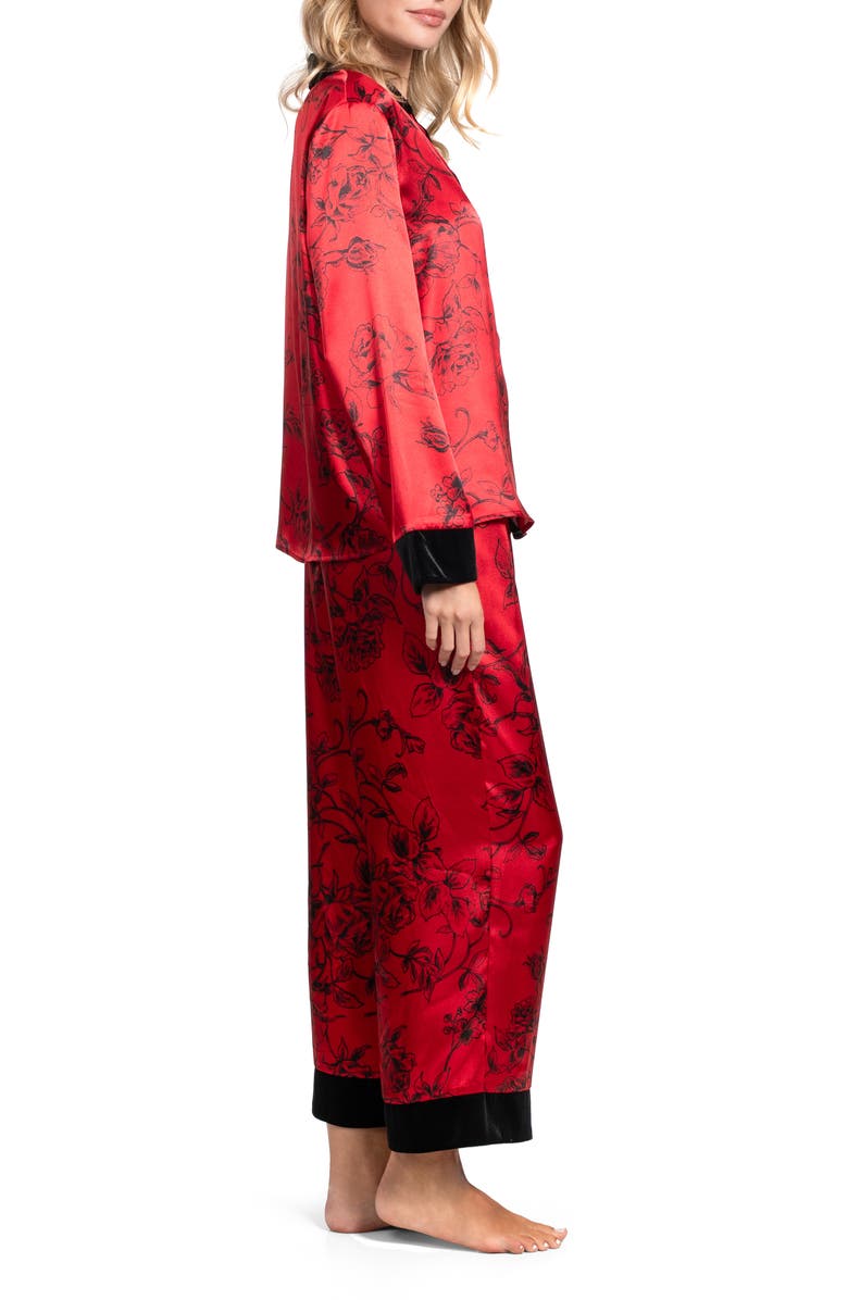 In Bloom by Jonquil Velvet Trim Floral Print Satin Pajamas, Alternate, color, Scarlette