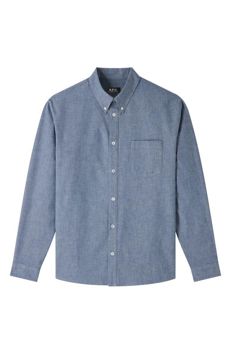 A.P.C. Edouard Brodee Organic Cotton Button-Down Chambray Shirt, Alternate, color, Indigo