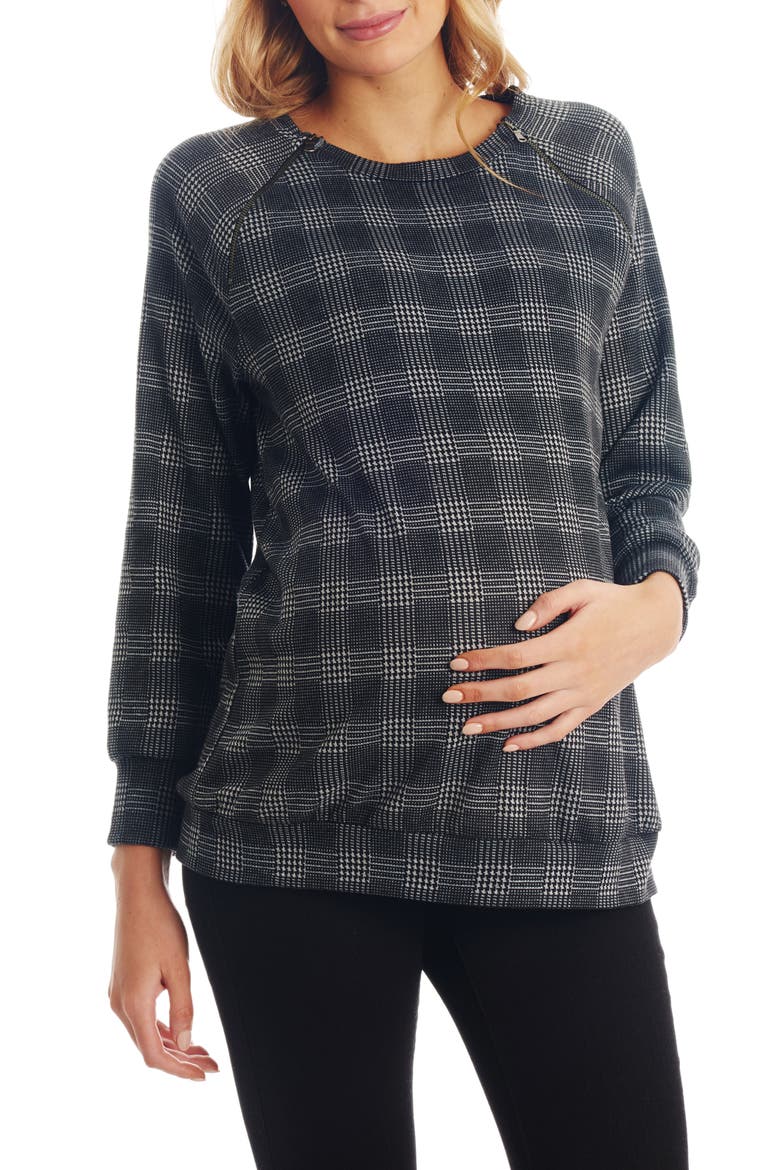 Augusta Plaid Maternity/Nursing Pullover, Main, color, GREY PLAID