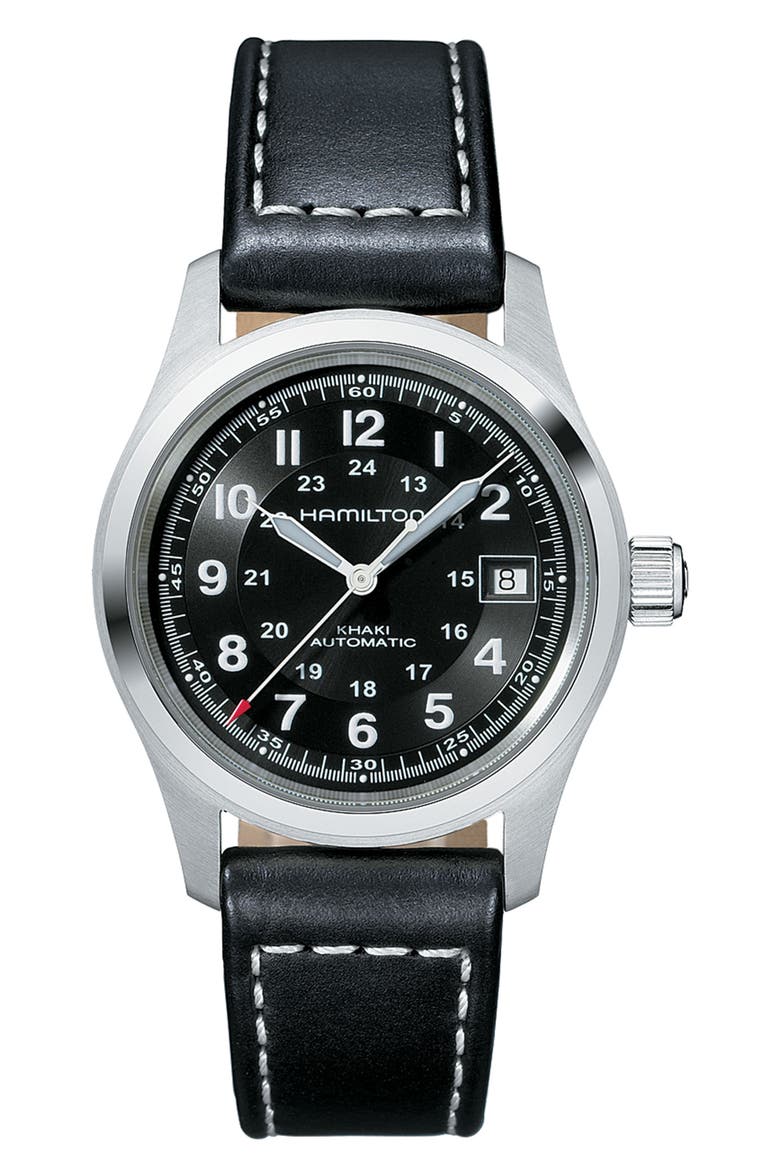 Khaki Field Automatic Leather Strap Watch, 38mm, Main, color, BLACK/SILVER