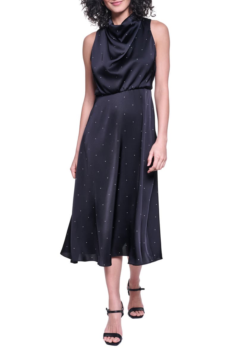 Printed Matte Satin Midi Dress, Main, color, BLACK SOFT WHITE