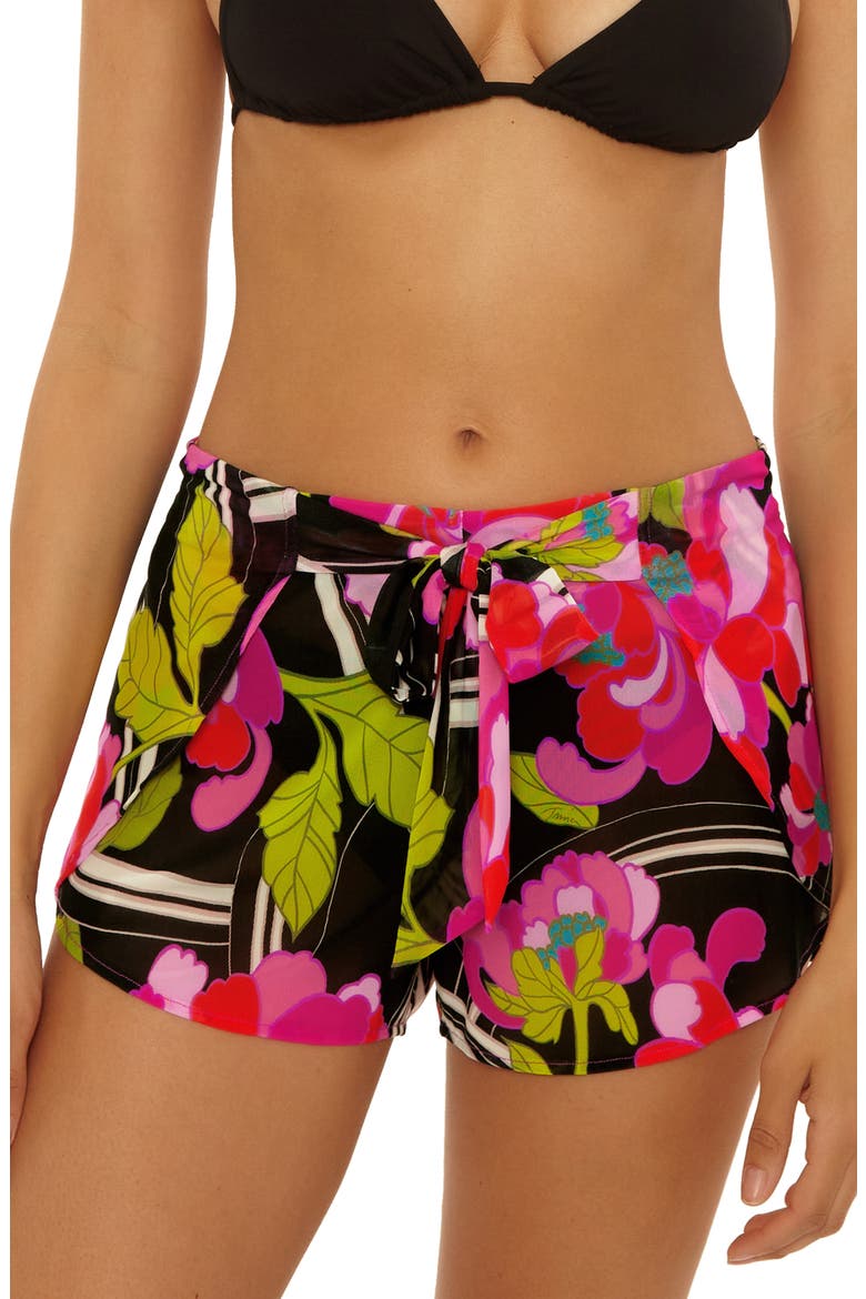 Bougainvillea Tie Waist Print Cover-Up Shorts, Main, color, BLACK MULTI