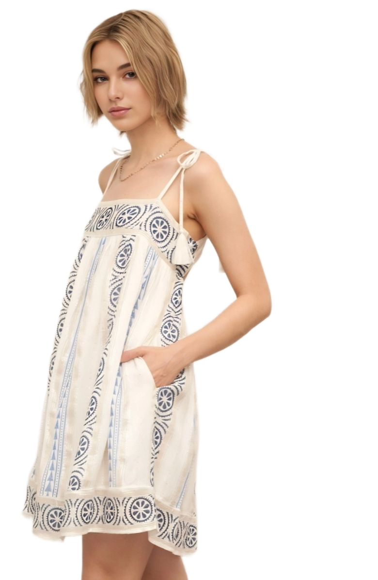 Knit and Lounge Embroidered Tassel Tie Strap Boho Mini Dress, Alternate, color, 