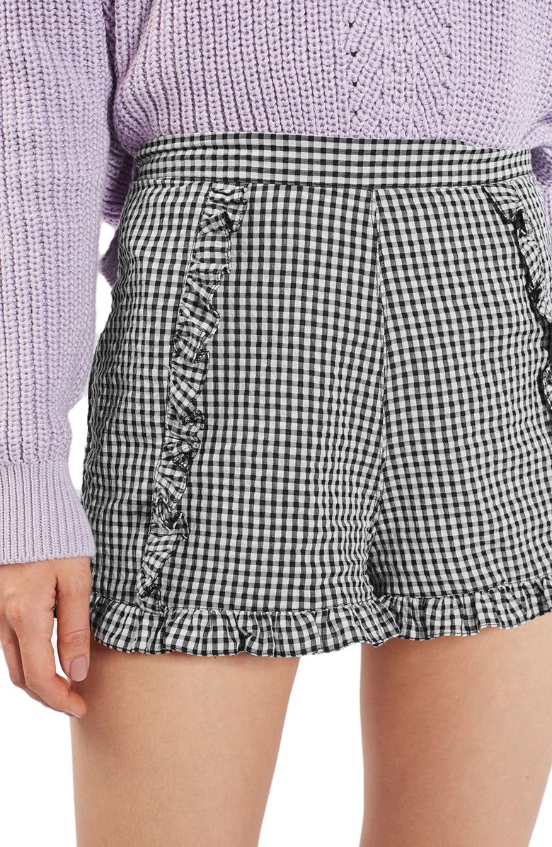 Topshop Ruffle Gingham Crinkle Shorts, Alternate, color, 
