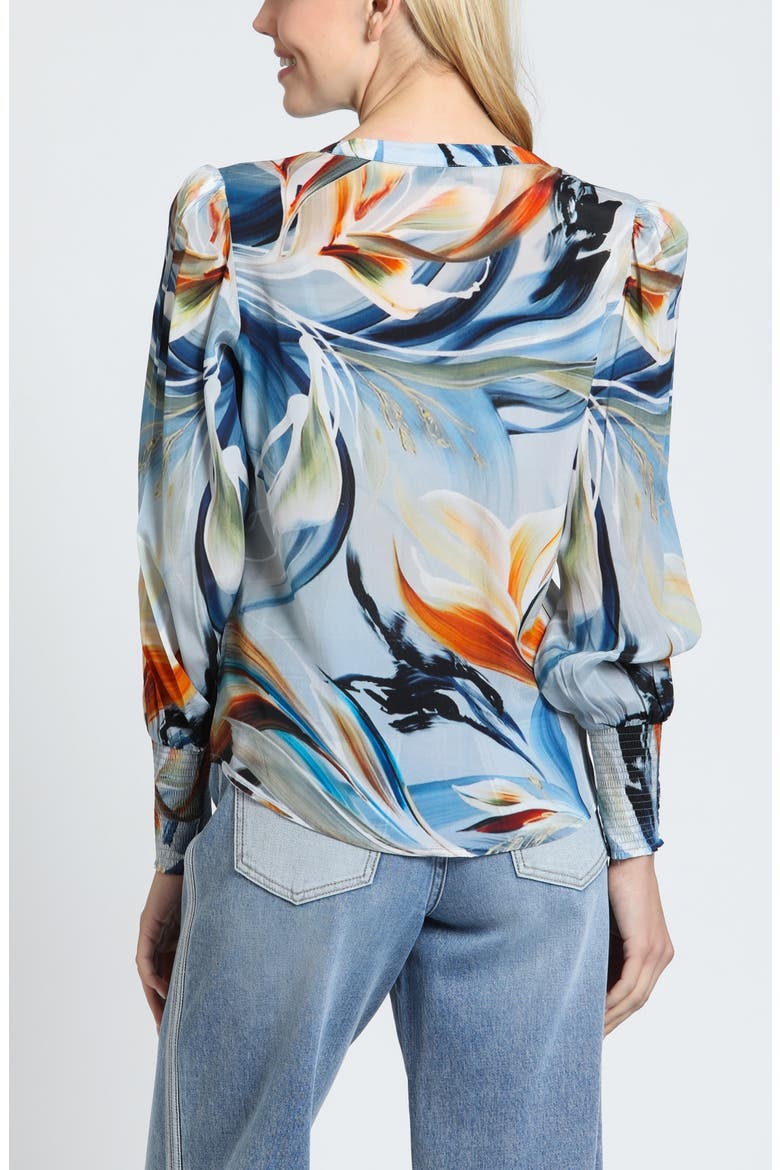Split Neck Top with Smocked Cuffs, Alternate, color, SKY/AMBER