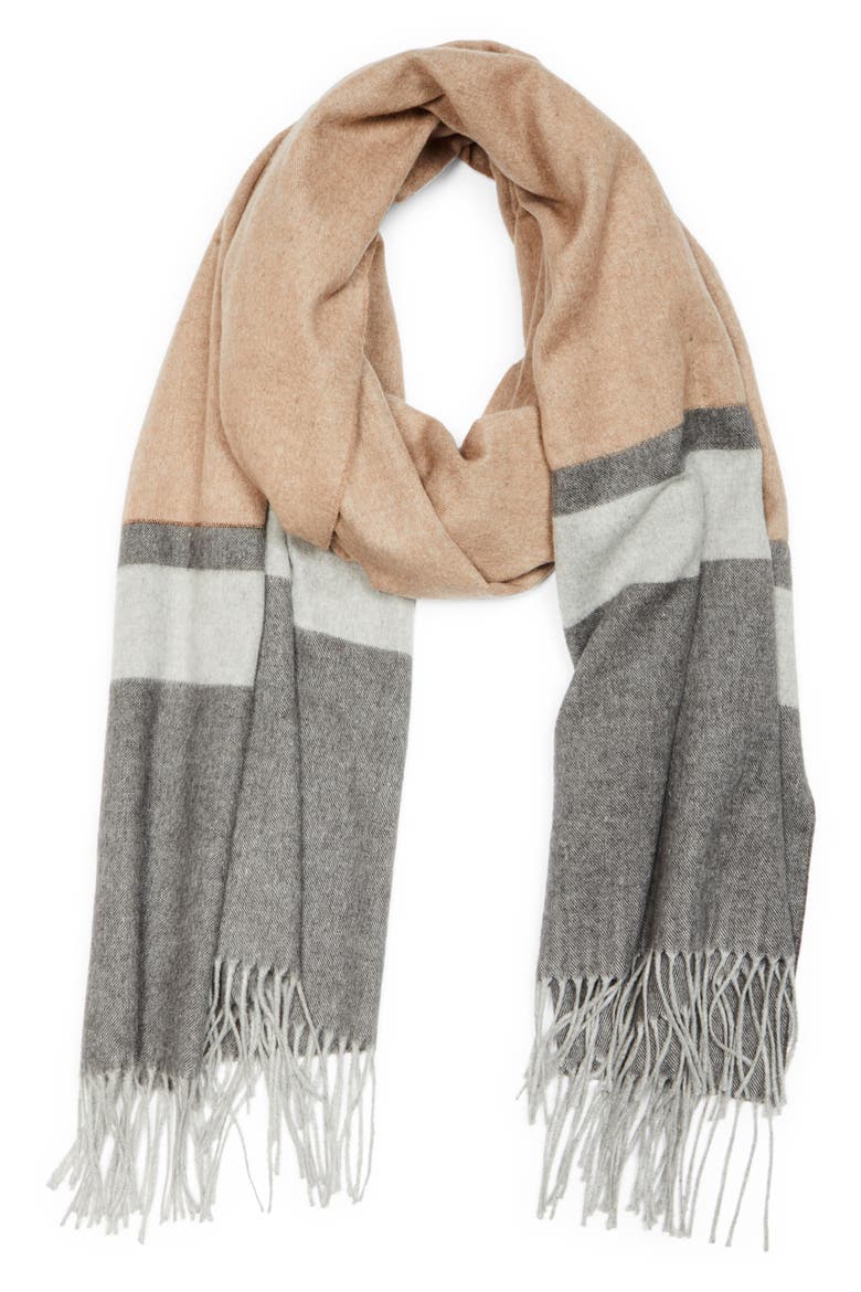 Colorblock Fringe Scarf, Alternate, color, BEIGE / GRIGIO