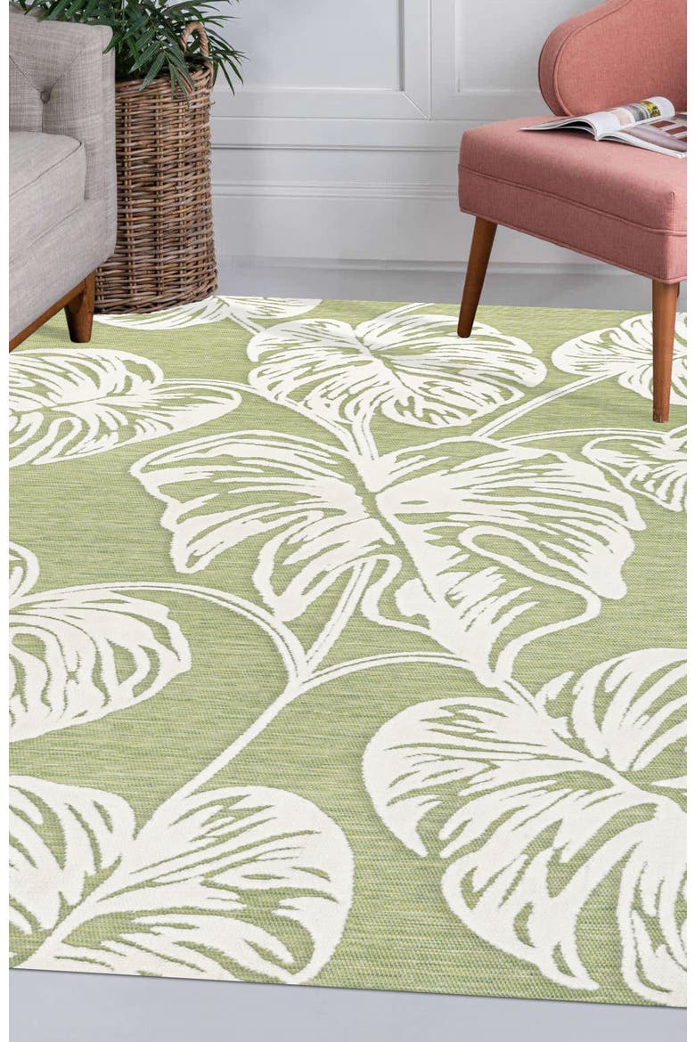 Tobago High-Low Two-Tone Monstera Leaf Indoor/Outdoor Area Rug, Alternate, color, Light Green/Ivory
