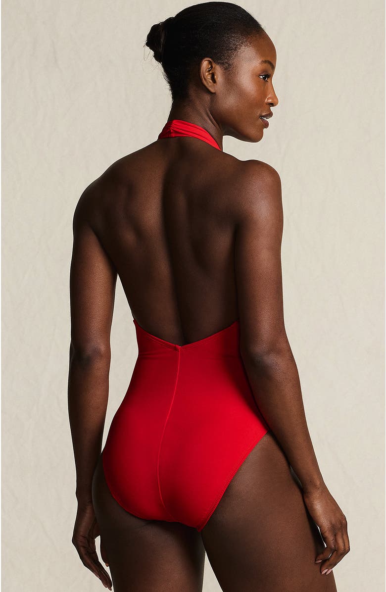 Lands' End SlenderSuit Halter Ruched Plunge High Leg One Piece Swimsuit, Alternate, color, Daylily Red