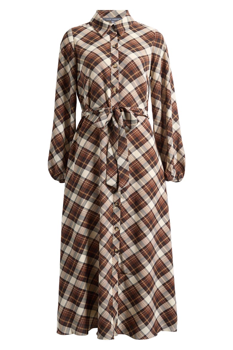 Plaid Tie Waist Long Sleeve Midi Dress, Alternate, color, BROWN MULTI