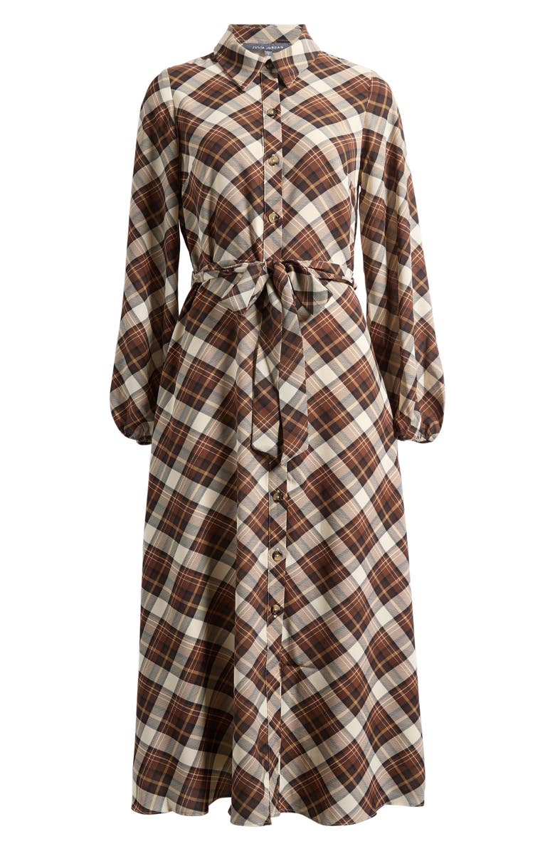 Julia Jordan Plaid Tie Waist Long Sleeve Midi Dress, Alternate, color, Brown Multi