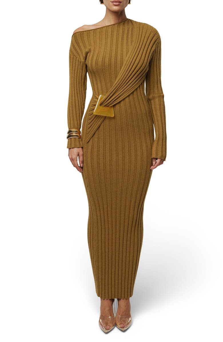 JLUXLABEL Auttoman Long Sleeve One-Shoulder Rib Maxi Dress, Main, color, Green