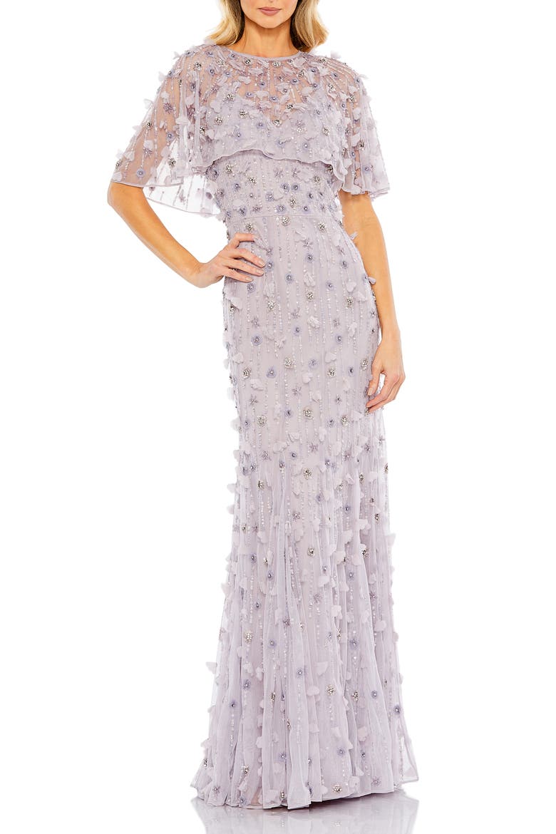 Women's Embellished Illusion Cape Sleeve Trumpet Gown, Main, color, VINTAGE LILAC