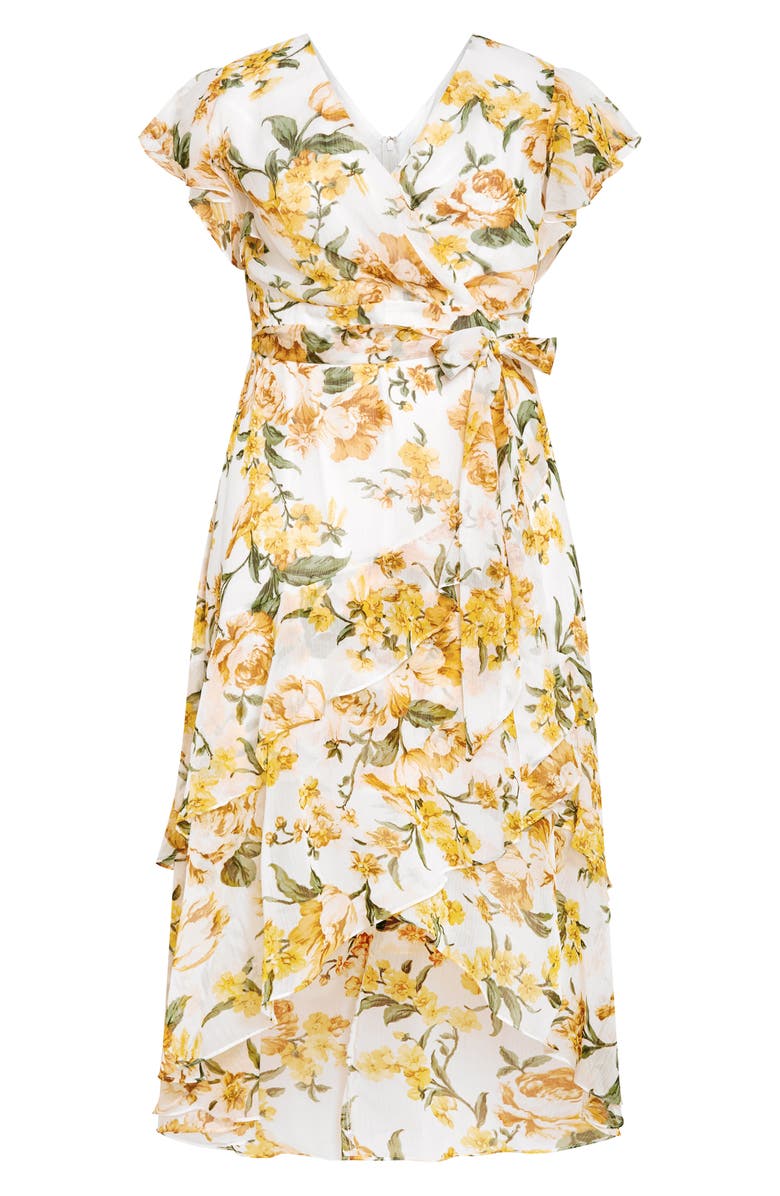 City Chic Floral Faux Wrap Tiered Midi Dress, Main, color, Yellow Floral