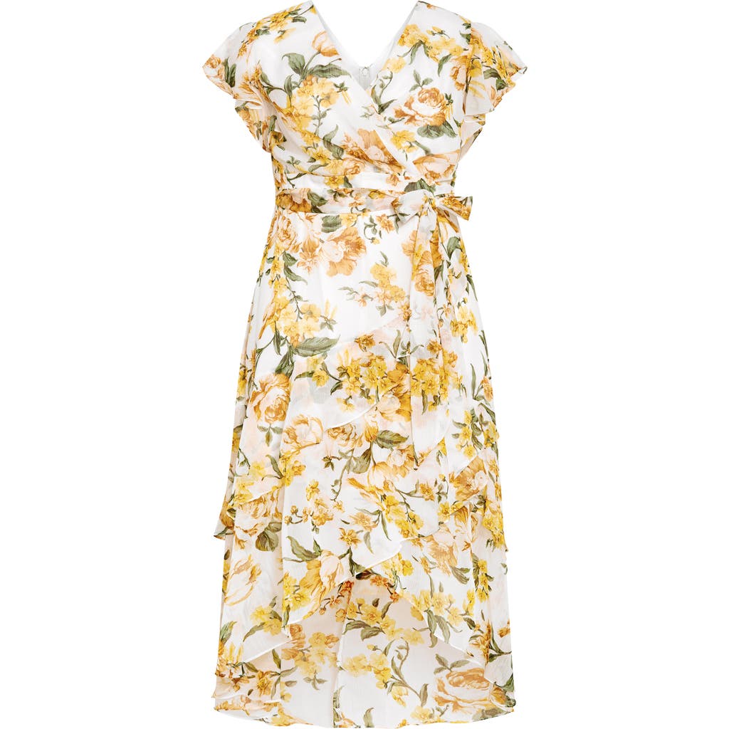 City Chic Floral Faux Wrap Tiered Midi Dress In Yellow