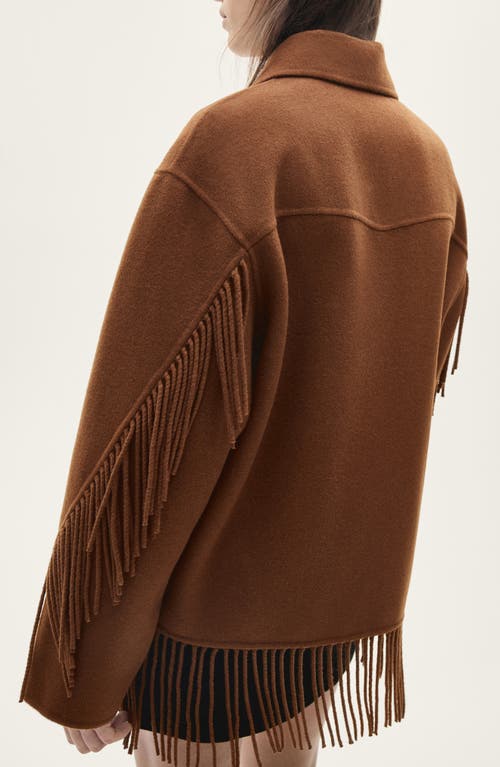 Mango Fringed Wool Blend Coat In Tobacco Brown