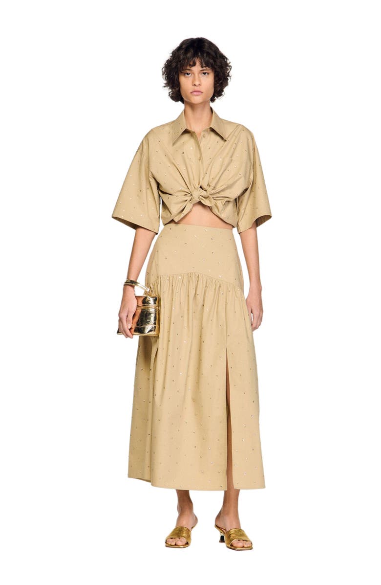 SANDRO Long rhinestone cotton skirt, Alternate, color, Beige