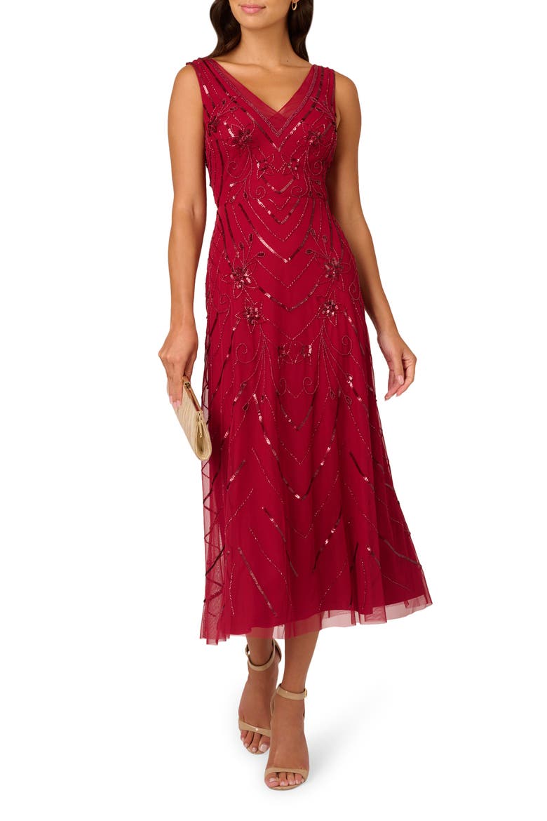 Embellished Mesh Cocktail Dress, Main, color, CRANBERRY