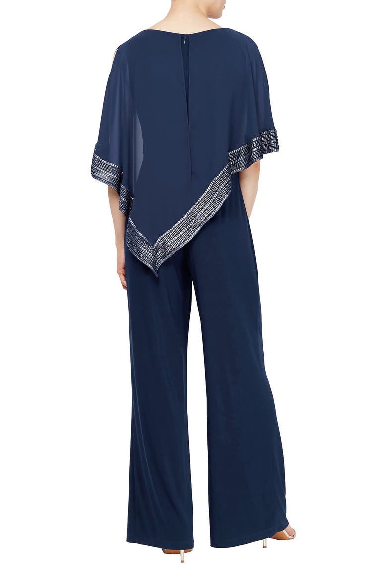 Foil Trim Asymmetric Popover Capelet Jumpsuit, Alternate, color, NAVY/SILVER