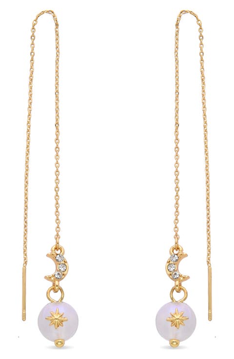 Celestial Moon CZ & Glass Pearl Drop Threader Earrings