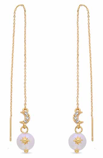 Celestial Moon CZ & Glass Pearl Drop Threader Earrings