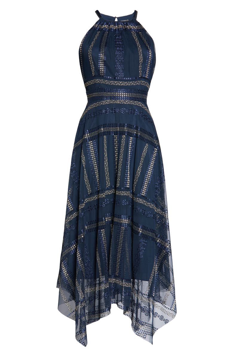 Vince Camuto Embroidered Mesh Halter Midi Dress, Alternate, color,