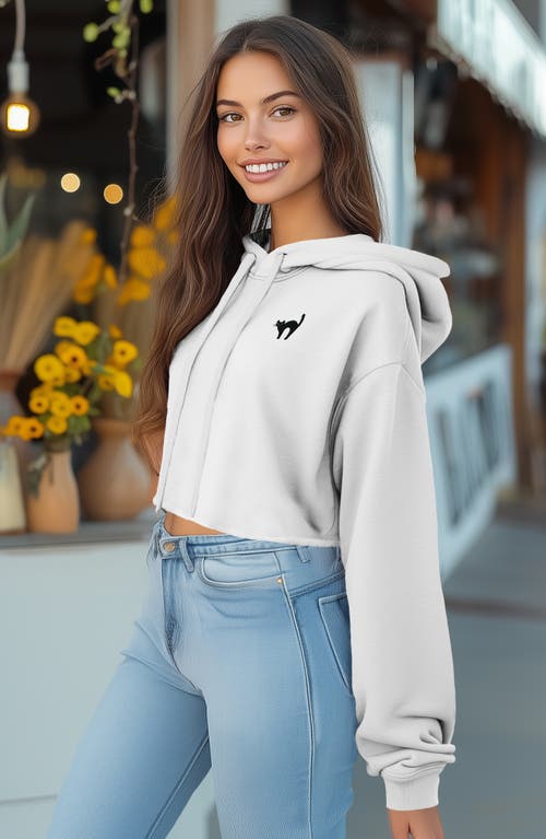 Dalix Black Cat Cropped Fleece Hoodie In White