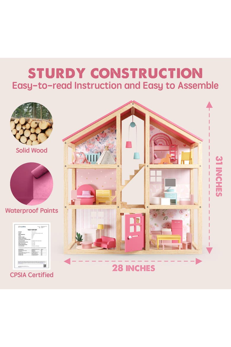 6 Room Wooden Dollhouse Set with Furniture for Kids, Alternate, color, Multicolor