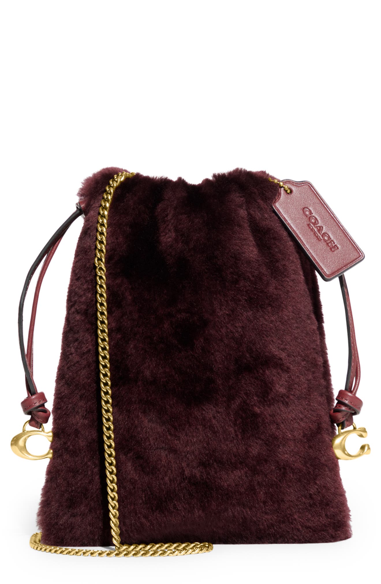 Genuine Shearling Drawstring Bag, Main, color, SANGRIA