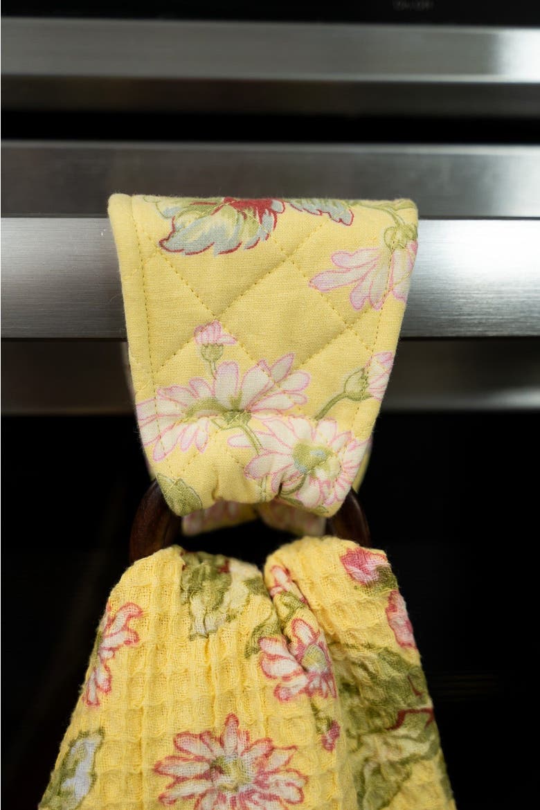 Apple Blossom Tea Towel + Set Of 3 Wooden Loop Hangers, Alternate, color, Yellow