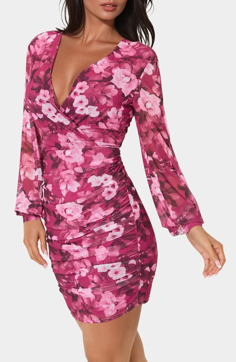 bebe Long Sleeve Ruched Faux Wrap Minidress, Alternate, color, Merlot
