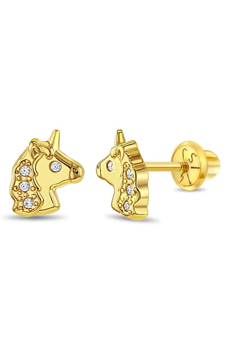 In Season Jewelry 14k Glimmering Clear Cubic Zirconia Unicorn Earrings, Main, color, Gold