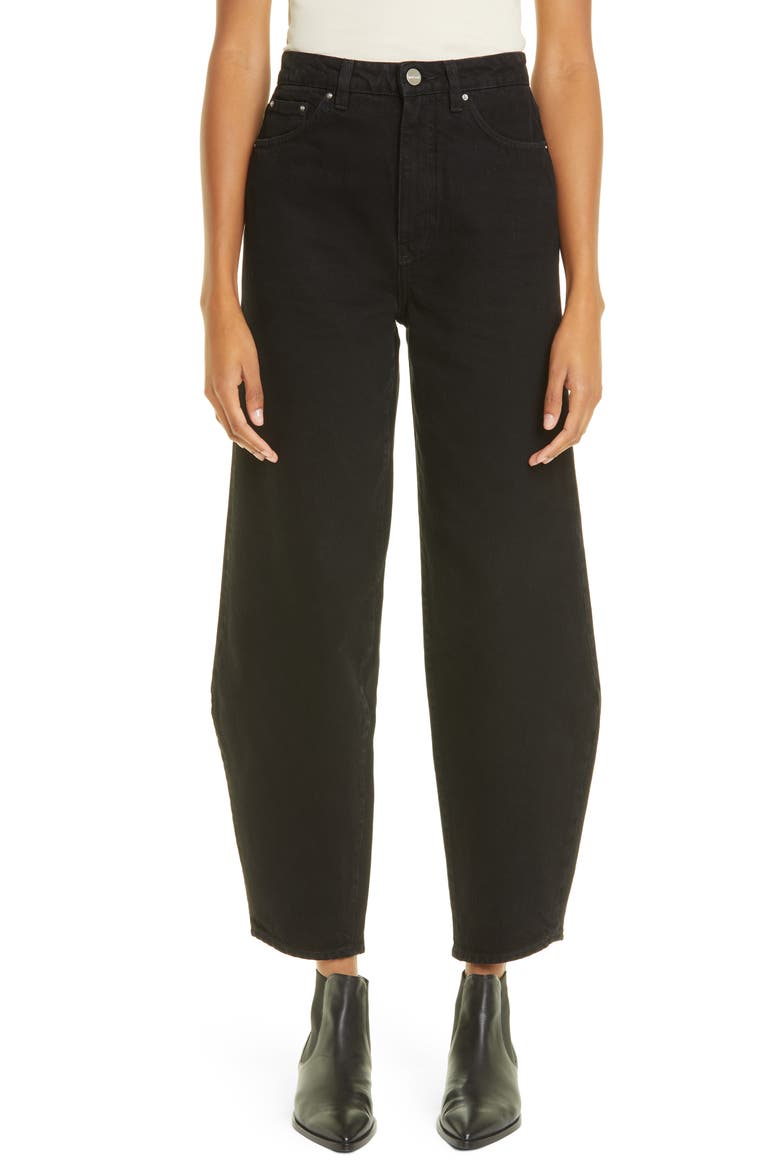 Totême High Waist Barrel Leg Raw Denim Jeans, Main, color, BLACK